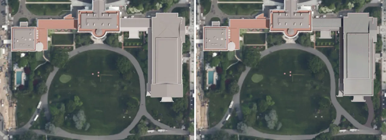 Shalom Baranes Associates rendering, White House aerial site photo (left: January 2026 submission; right: February 2026 submission) [Screenshots/Public/CFA.gov]