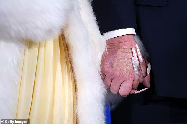 Minaj's distinctive false nails are seen here as she grasps the president's hand during their meetup