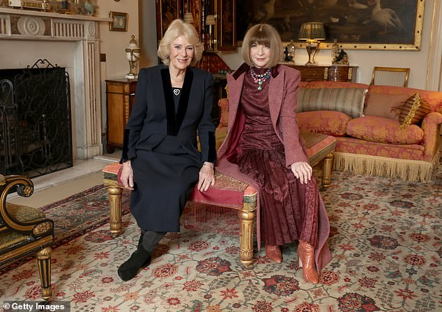 Queen Camilla (L) with Dame Anna Wintour at St James's Palace. They discussed British fashion and the work of The Queen's Reading Room, a charity dedicated to promoting and celebrating the benefits of reading.