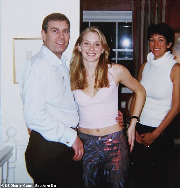 Andrew is seen with his accuser, Virginia Giuffre, who died by suicide last year. Epstein's madame, Ghislaine Maxwell, is seen smiling in the background