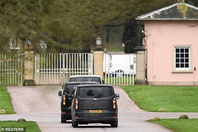 Vans approach the Royal Lodge, a property on the estate surrounding Windsor Castle and a former residence of Andrew Mountbatten Windsor, earlier on Thursday