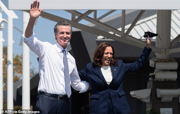 Kamala Harris (right) has been surpassed in the wagering pool by multiple rivals in the Democratic Party, including California Governor Gavin Newson (left)