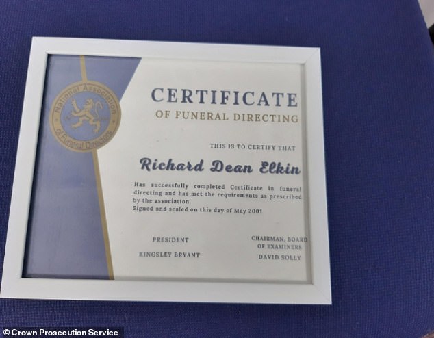 Elkin even displayed a forged certificate from the National Association of Funeral Directors (pictured)