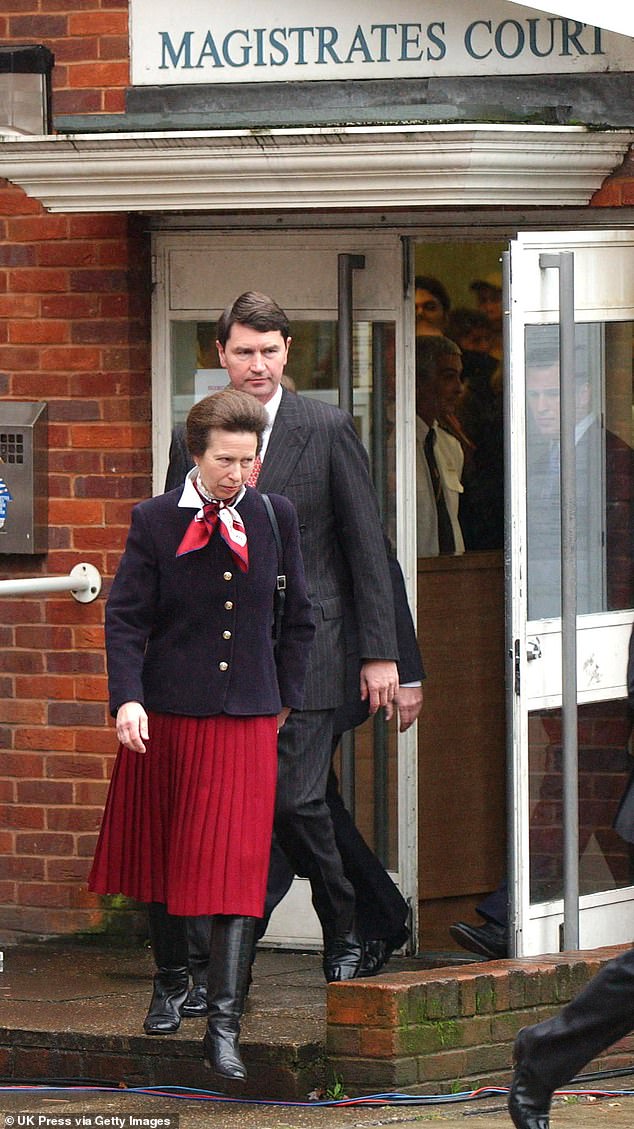 The Princess Royal was the first senior royal to be convicted of a criminal offence after her dog attacked two children back in 2002. Pictured with Tim Laurence and Peter Phillips at Slough Magistrates Court