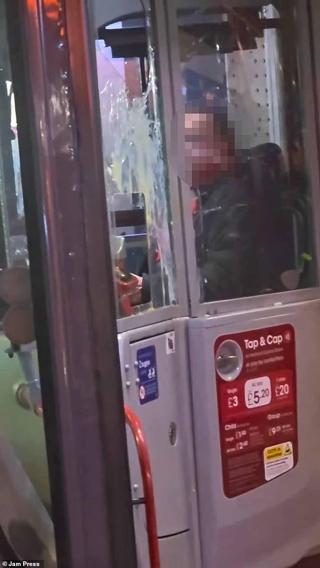 Footage shows the moment the group run up to a bus as its doors open to launch eggs at the driver inside. The startled driver quickly closes the bus doors as its alarm starts to blare out