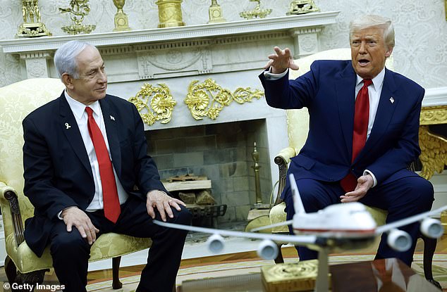 President Donald Trump has pushed to have Air Force One redesigned in his image since his first term and has had a model on display in the Oval Office (bottom right). Here he's photographed with Israeli Prime Minister Benjamin Netanyahu (left) in April