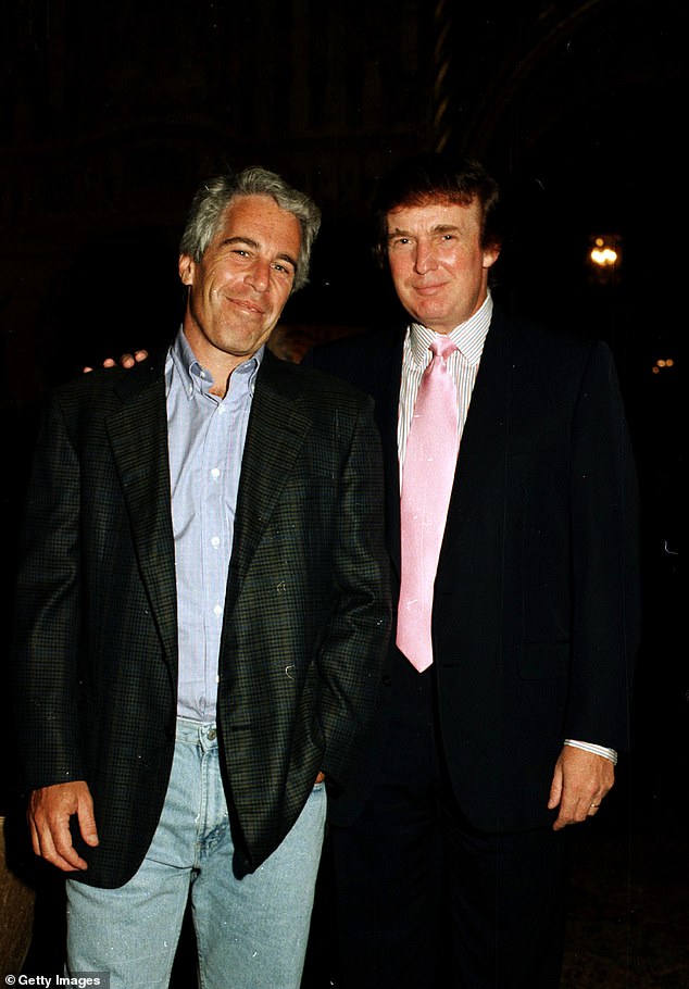 American financier Jeffrey Epstein (left) and real estate developer Donald Trump as they pose together at the Mar-a-Lago estate, Palm Beach, Florida, 1997