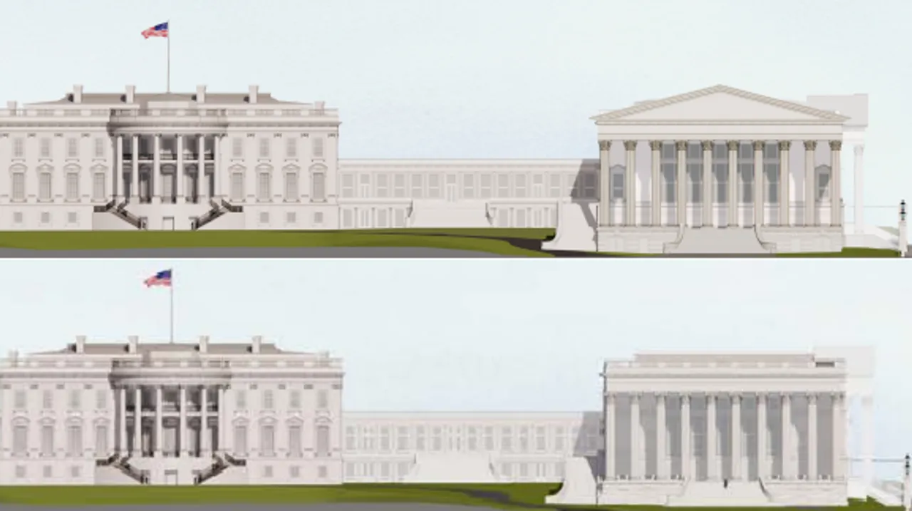 Shalom Baranes Associates rendering, White House Ballroom south elevations (top: January 2026 submission; bottom: February 2026 submission) [Screenshots/Public/CFA.gov]