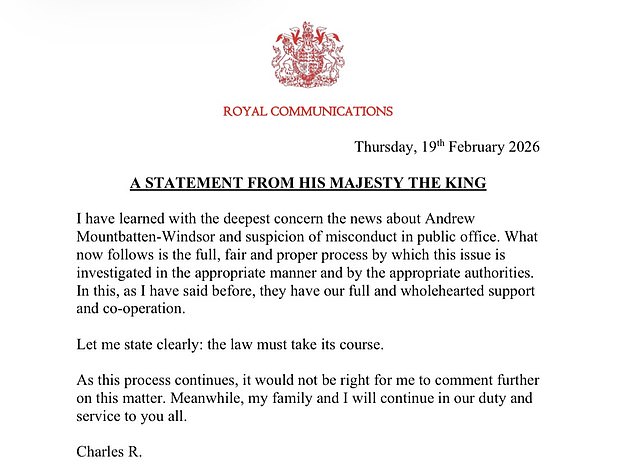 The unprecedented statement from the King after his brother's arrest where he said he supported the police's action and that he and the Royal Family would co-operate fully