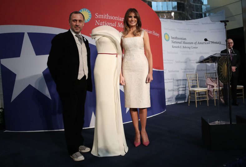 WASHINGTON, DC - OCTOBER 20: U.S. first lady Melania Trump and fashion designer Herve Pierre attend an event at the Smithsonian National Museum of American History where the first lady donated her inaugural gown to the museum October 20, 2017 in Washington, DC. The first lady said, 'Today is such an honor as I dedicate my inaugural couture piece to the First Ladies exhibit at the National Museum of American History.' (Photo by Win McNamee/Getty Images)