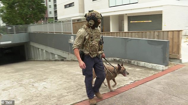 Police dogs also joined the major operation, which extended to nearby Busby, where a man was arrested