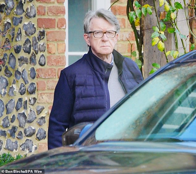 Lord Mandelson's lobbying firm has collapsed into administration in the wake of the revelations about his friendship with Epstein. Pictured: Lord Mandelson leaving his home in Wiltshire today