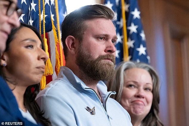 Ms Giuffre's brother Sky Roberts is pictured in Washington on February 10