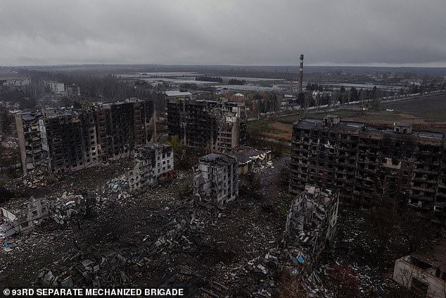 Lawyers and human rights advocates have explained how rape has been weaponised by Russian forces to break the spirit of the nation. Pictured: An aerial view of destroyed buildings in the frontline town of Kostyantynivka, Donetsk