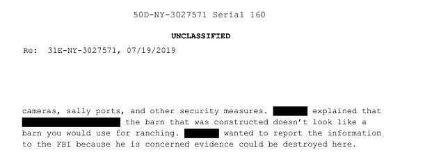 A former police officer who patrolled the area around the ranch for 15 years told the FBI he was worried that evidence was being destroyed, as seen in a document published by the US Department of Justice