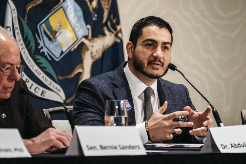 Dr. Abdul El-Sayed speaks during a coronavirus public health roundtable with Senator Bernie Sanders, an Independent from Vermont and 2020 presidential candidate, not pictured, in Romulus, Michigan, U.S., on Monday, March 9, 2020. Sanders said any eventual vaccine for the deadly novel coronavirus should be made available free of charge once developed and approved for use.