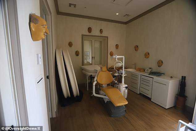 Epstein had a dental chair set up at his private island in Little St James. The room also features masks of men on the walls. Officials have not commented on whether the faces depict specific individuals or whether they served a functional purpose.