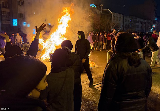 More than 3,400 people have been killed by Iranian security forces since the outbreak of protests last month. Pictured: Iranians attend an anti-government protest in Tehran, January 9, 2026