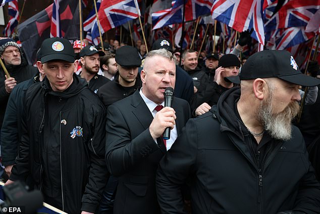 Leader of Britain First Paul Golding takes part in a 'march for remigration' organised byBritain First in Manchester