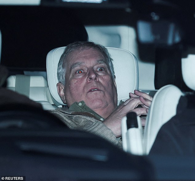 Andrew is pictured being driven away from a police station on Thursday following his arrest on suspicion of misconduct in public office