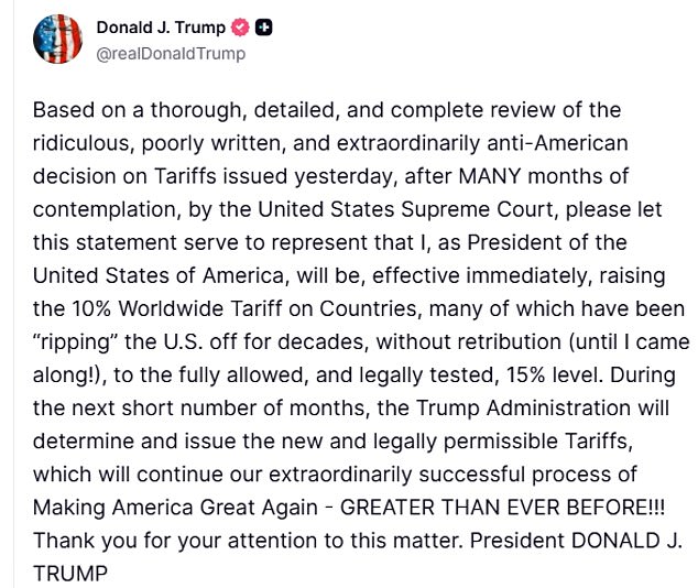 Infuriated by the high court's ruling, Trump on Friday ordered an immediate 10 percent tariff on all imports, in addition to any existing tariffs, bumping it to 15 percent on Saturday