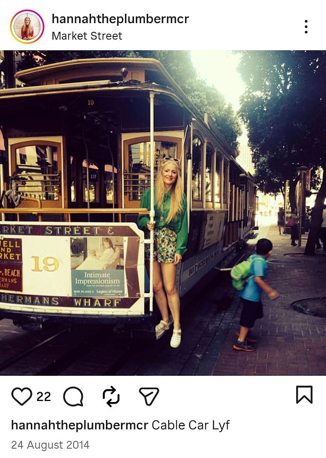 Hannah Spencer poses on the steps of a tram in San Francisco on trip to the US in 2014