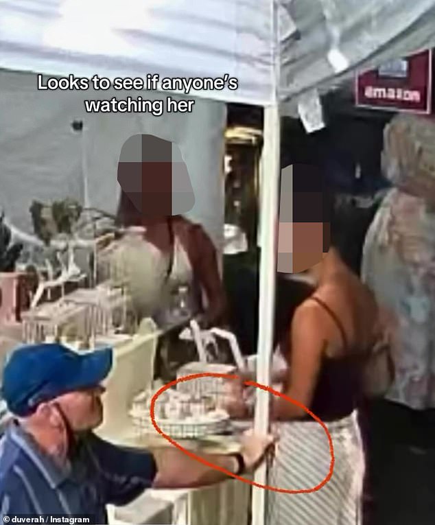 CCTV showed one woman (circled) distracting Jess and trying on rings while her friend allegedly slipped multiple rings into her bag