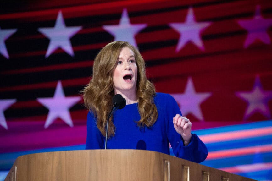 CHICAGO, ILLINOIS, UNITED STATES - AUGUST 19: State Senator Mallory McMorrow, a Democrat from Michigan speaks during the 2024 Democratic National Convention in Chicago, Illinois, United States on August 19, 2024.