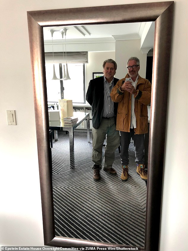 Jeffrey Epstein and Steve Bannon pose for a selfie. Epstein and Bannon had a p rofessional relationship during 2018 and 2019, when the political strategist provided media coaching and advice to the pedophile on rehabilitating his public image