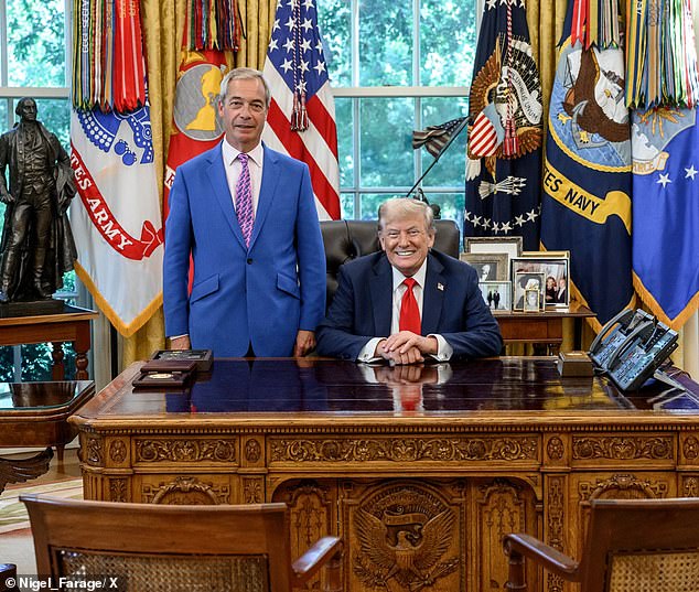 Lib Dem leader Ed Davey has said: 'We cannot let Trump's America become Farage's Britain'. Pictured: Reform UK's Nigel Farage with US President Donald Trump last year