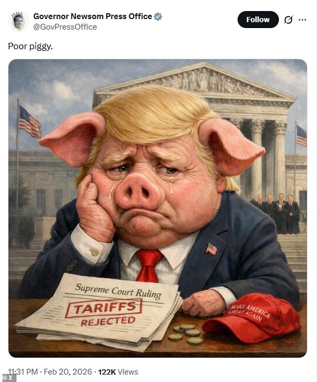 Newsom's press office took to X to post an AI-generated image of Trump as a pig crying with a 'rejected' Supreme Court ruling in front of him