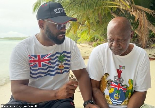 Chagossian first minister Misley Mandarin (L) and his father (R) have been granted a temporary right to stay on Île du Coin after returning this week