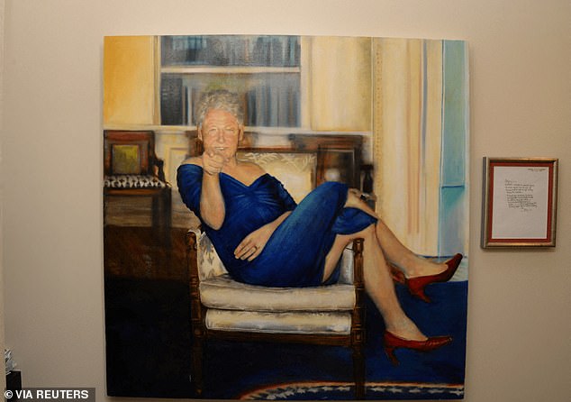 A painting of former U.S. President Bill Clinton wearing a dress is displayed inside the Manhattan home of Jeffrey Epstein