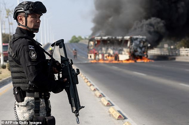 A member of Mexico'a security forces is pictured standing watch next to a burning vehicle. At least ten such vehicles have reportedly been set on fire