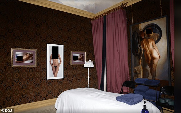 A massage bed and erotic artwork and photos on the walls in Epstein's Manhattan mansion