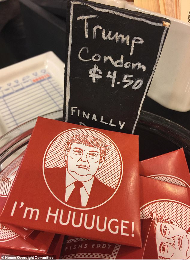 Trump-style condoms are sold for $4.50 at what appears to be Fishs Eddy, a New York store. The photo was obtained from Epstein's estate and published in December by Democrats on the House Oversight Committee. It is not clear why Epstein kept the photo
