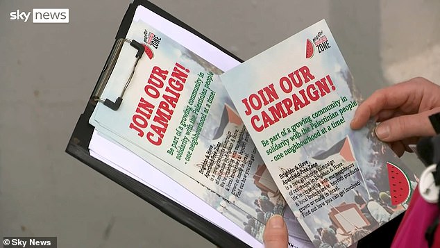 Leaflets encourages residents to join their pro-Palestinian campaign and boycott businesses with Israeli links