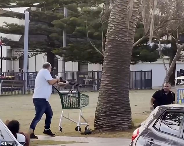 A stranger hiding with Ahmed signalled to him when to act to disarm the gunman (pictured pointing the gun back at the shooter)