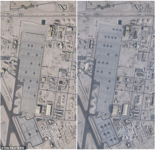 A combination of satellite images shows an increase in the number of aircraft at the Al-Udeid Air Base, near Doha, Qatar, comparing January 17, 2026 and February 1, 2026