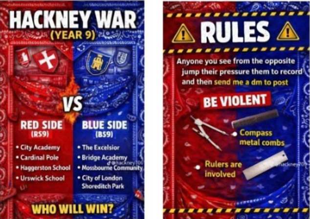 They are encouraged to use stationary from their pencil cases, such as compasses, scissors and rulers, as weapons with some posters even depicting kitchen knives and fireworks