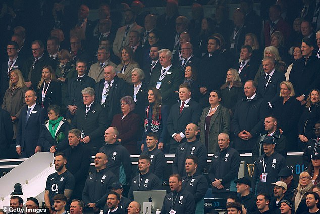 The Princess of Wales joins the crowd in singing the national anthem prior to kickoff