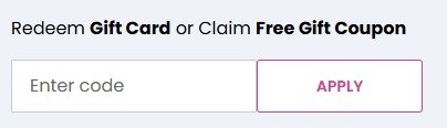 Input field for redeeming gift card or free gift coupon with an "Apply" button.