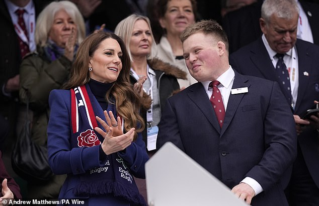 The Princess of Wales sat with injured England player Fin Baxter in the stands during the game