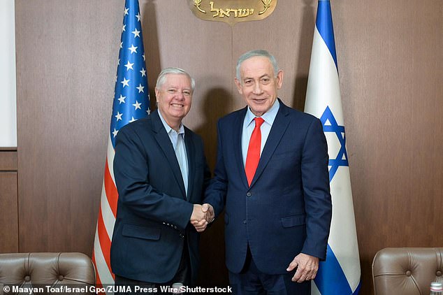 Israeli Prime Minister Benjamin Netanyahu meets with United States Senator Lindsey Graham at his Jerusalem office on February 16, 2026
