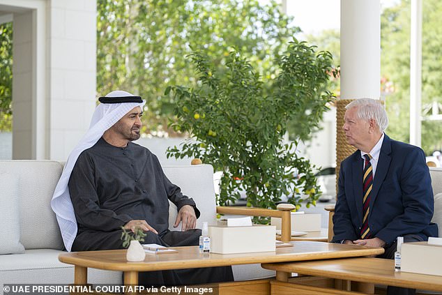 UAE's President Sheikh Mohamed bin Zayed al-Nahyan (L) meeting with US Republican Senator Lindsey Graham at Qasr Al-Shati in Abu Dhabi on February 18, 2026