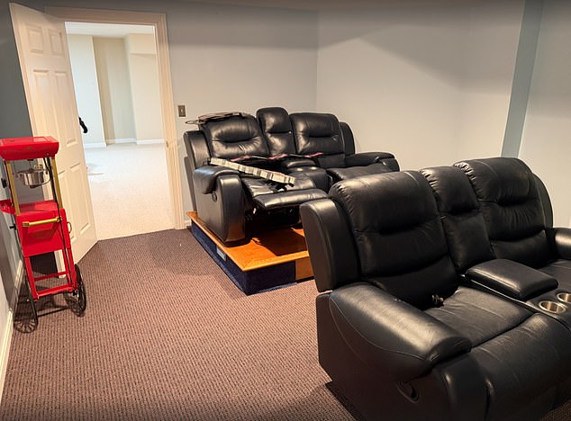 Goode gave the mansion a makeover that added a home cinema room, seen above, complete with vulgar mobile popcorn machine