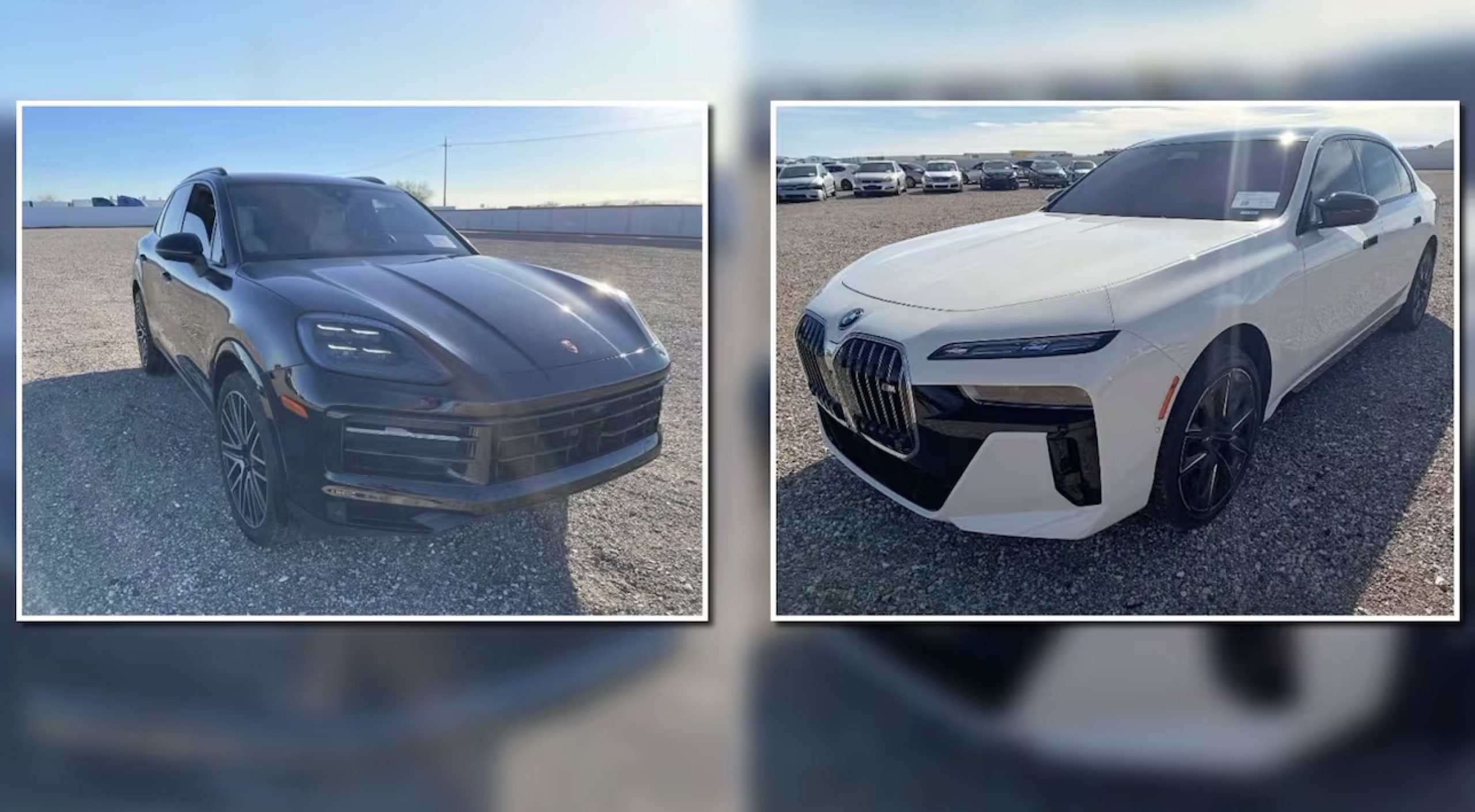 Side-by-side comparison of a black Porsche SUV and a white BMW sedan parked outdoors on gravel under a clear blue sky.