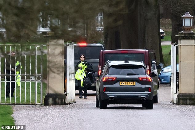 Unmarked police cars were seen arriving at Andrew's former home, Royal Lodge in Windsor, today