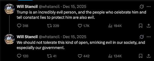 Stancil has been a long time critic of the president, ICE and the Republican party, describing Donald Trump as an 'evil person'