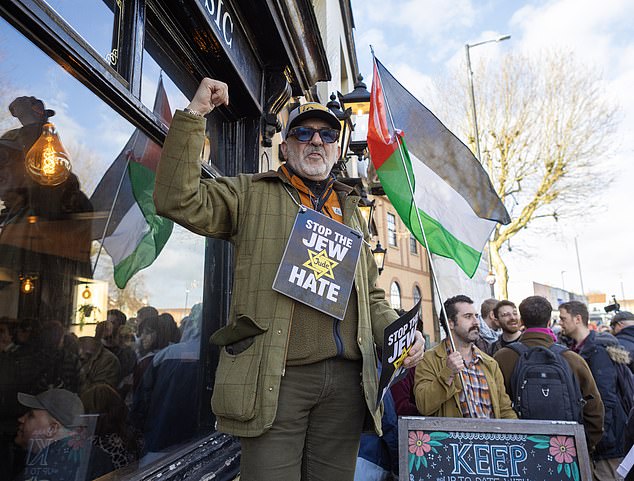 Pro-Israel protester outside of the Golden Lion pub in Horfield Bristol